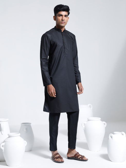 Vastramay Men's Black Cotton Silk Kurta And Pyjama Set
